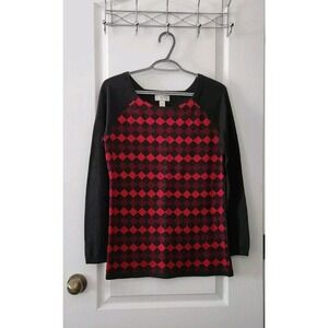 Loft  Women's Cotton Knit Sweater Pullover Long Sleeves Scoop Neck Red Gray Sz S